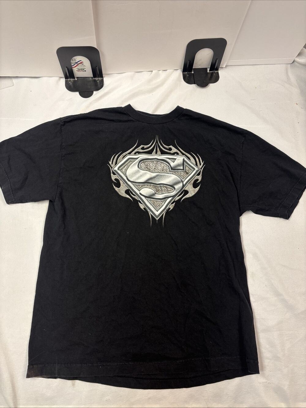 Superman Silver Flame "S" Logo T Shirt 2005 Superhero Black XL. ALSTYLE